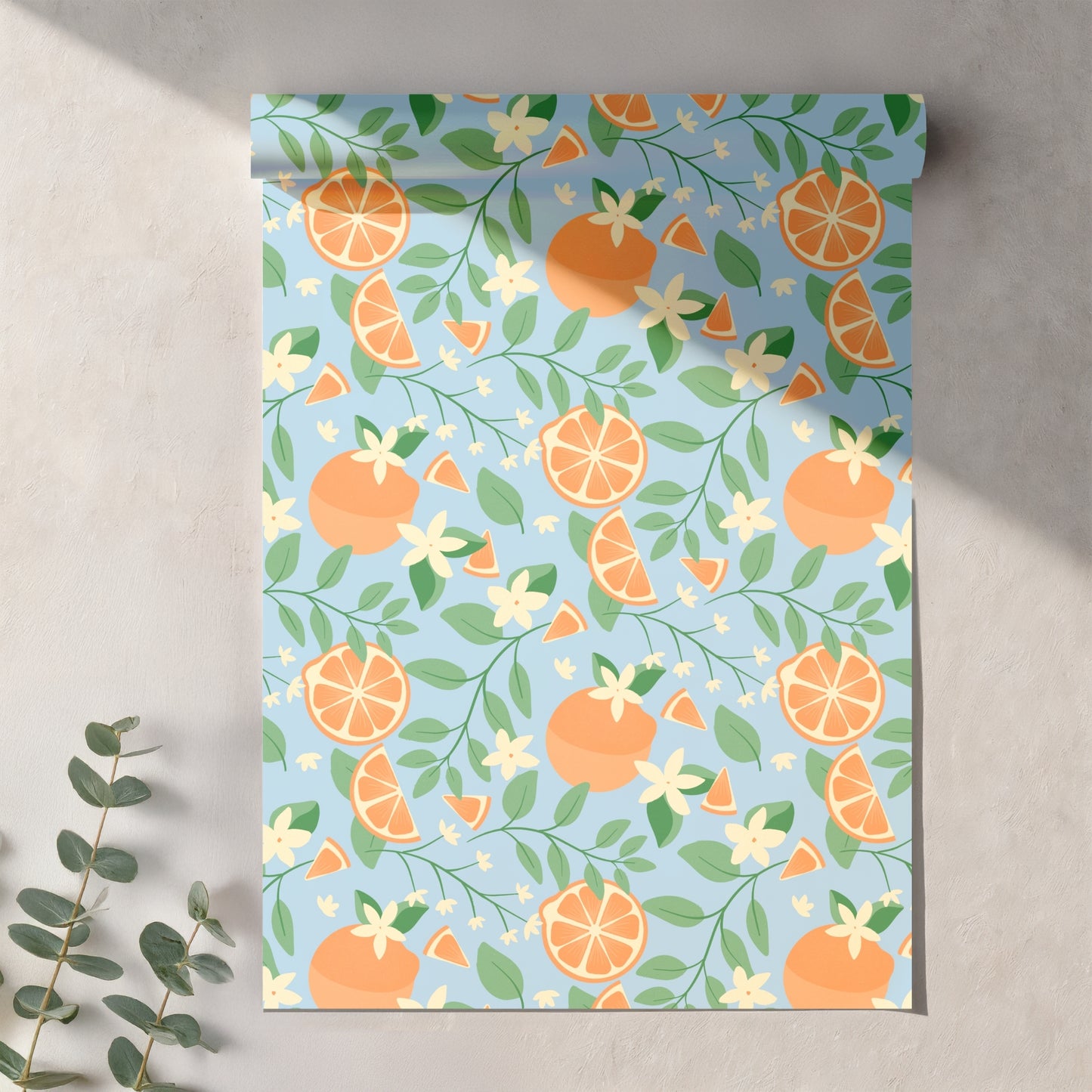 Orange Blossom Seamless Pattern – Citrus Fruit Flowers & Green Leaves on Light Blue