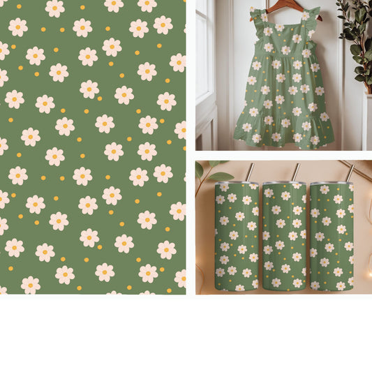 White Daisies on Sage Green Seamless Pattern