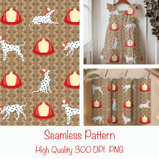 Firehouse Dalmatian Seamless Pattern – Playful Dog & Fire Hat Print in Warm Brown | Commercial Use Surface Design