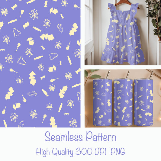 Halloween Candy Toss Seamless Pattern – Cute Spooky Treats Design (Lavender Purple Edition)