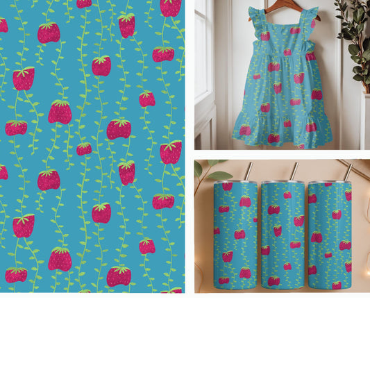 Hanging Strawberries on Sky Blue Seamless Pattern