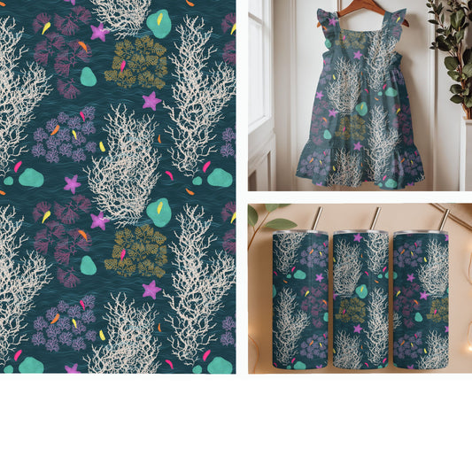 Twilight Coral Garden | Hand-Drawn Coral Reef Seamless Pattern