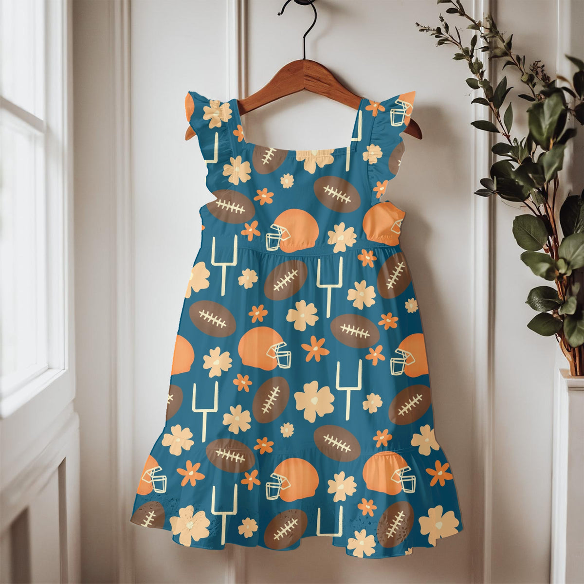 Floral Football Seamless Pattern – Blue & Orange Game Day Sports Design
