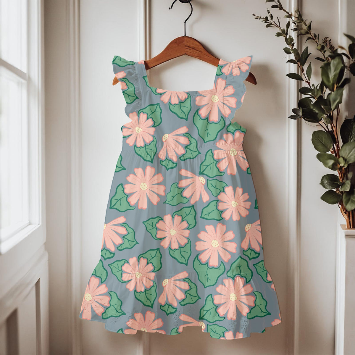 Pink Wildflower Seamless Pattern – Coral Flowers Green Leaves on Dusty Blue