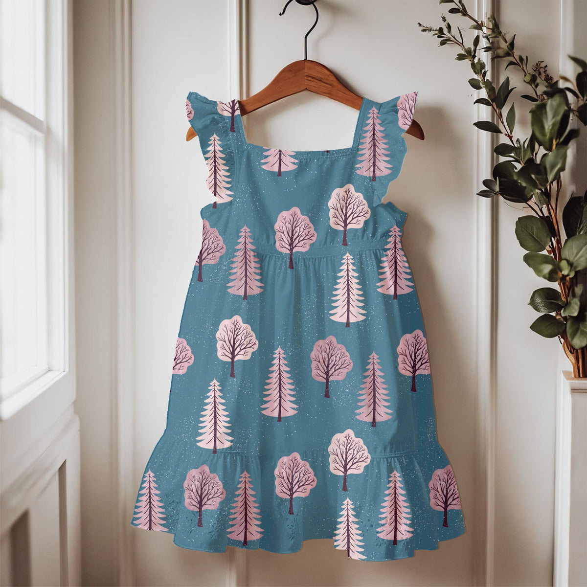Pink Winter Forest Seamless Pattern – Snowy Blush Trees on Winter Blue