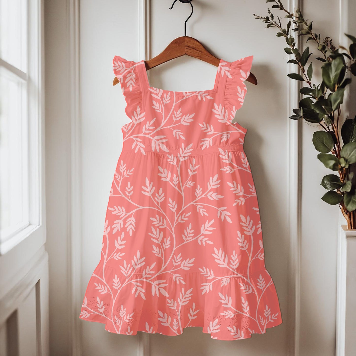 Coral Botanical Seamless Pattern – Blush Pink Leafy Branches Minimal Floral
