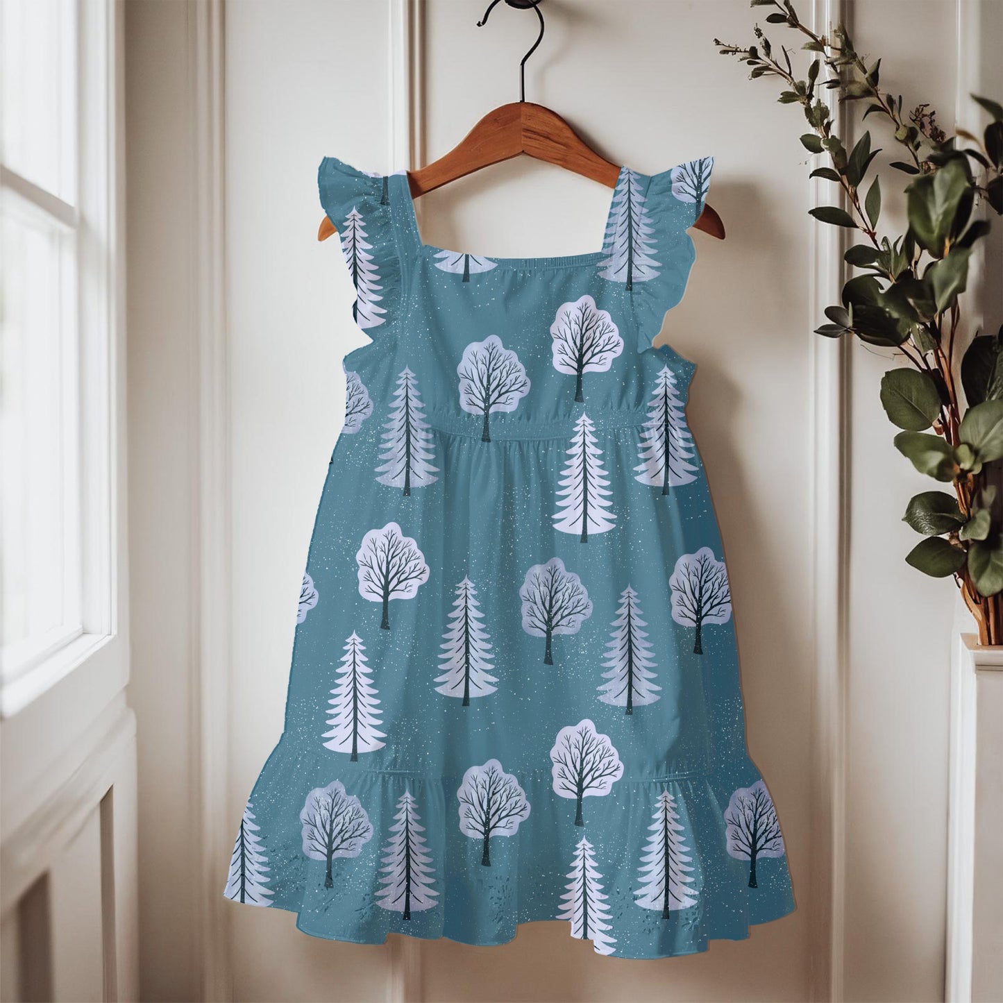 Forest Light Seamless Pattern – Snowy Winter Trees in Icy Blue & Lavender