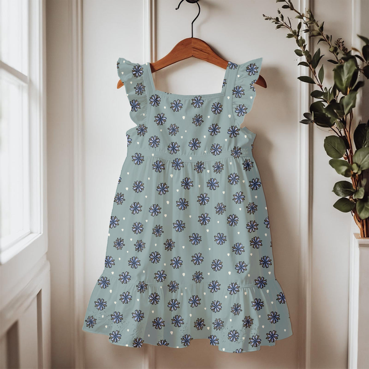 Blue Doodle Flower Seamless Pattern – Whimsical Floral on Muted Sage Green