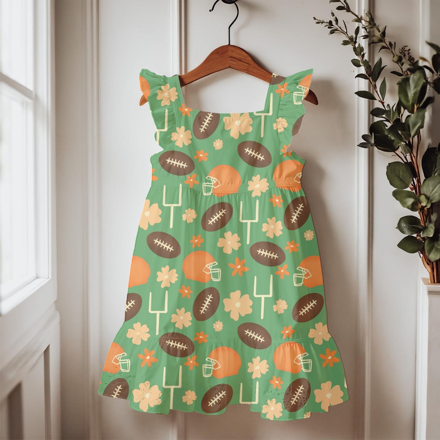 Football Season Green Seamless Pattern – Floral Game Day Football & Helmet Design