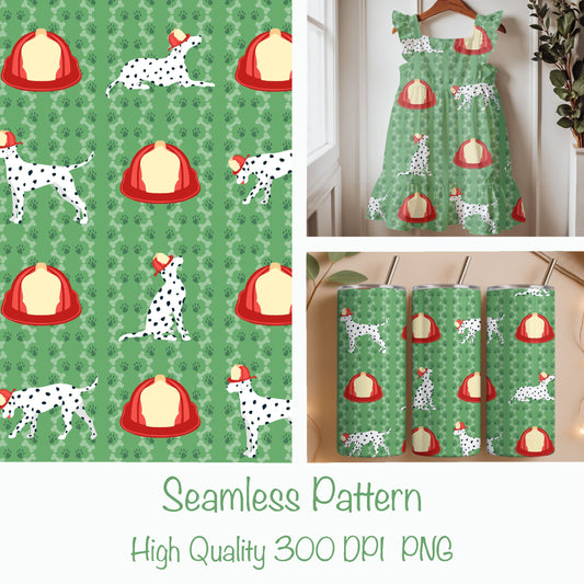 Firehouse Dalmatian Seamless Pattern – Playful Dog & Fire Hat Print in Green | Commercial Use Surface Design