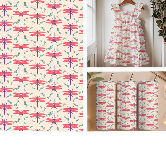Dragonfly Meadow | Coral Dragonfly Seamless Pattern