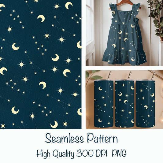 Celestial Dreams Seamless Pattern – Moon & Stars Print in Deep Midnight Blue | Commercial Use Surface Design