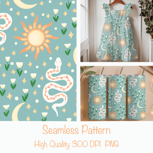Celestial Serpent Garden Seamless Pattern – Boho Sun, Moon & Snake Print in Soft Blue | Commercial Use Surface Design