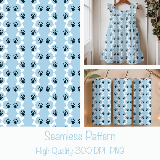 Paws & Bones Seamless Pattern – Playful Pet Print in Light Blue | Commercial Use Surface Design