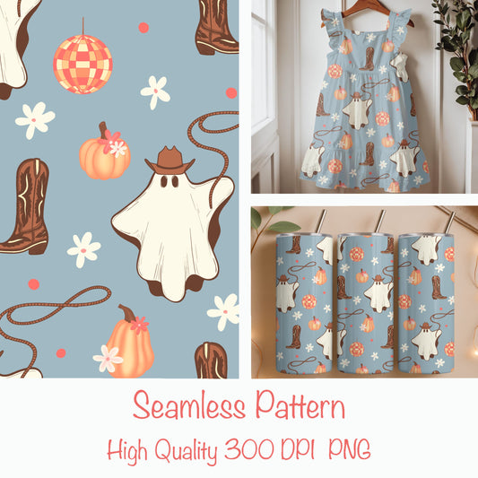 Cowboy Ghost Seamless Pattern – Western Fall Print in Soft Blue | Boots, Pumpkins, Rope & Disco Elements | Retro Western Design