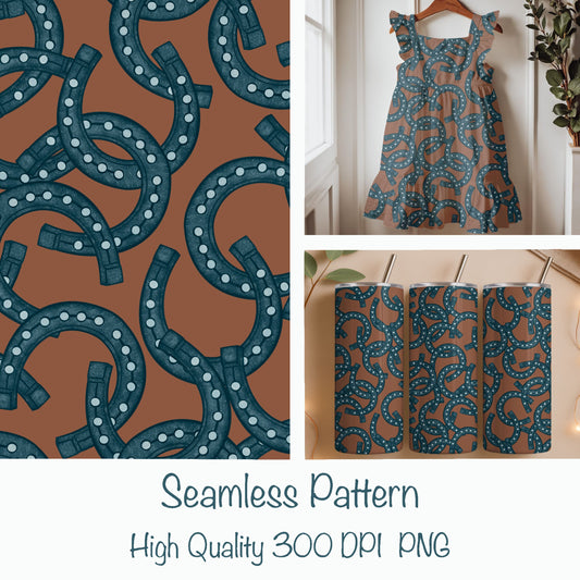 Rustic Horseshoe Seamless Pattern – Western Brown & Teal Horseshoe Print | Commercial Use Surface Design