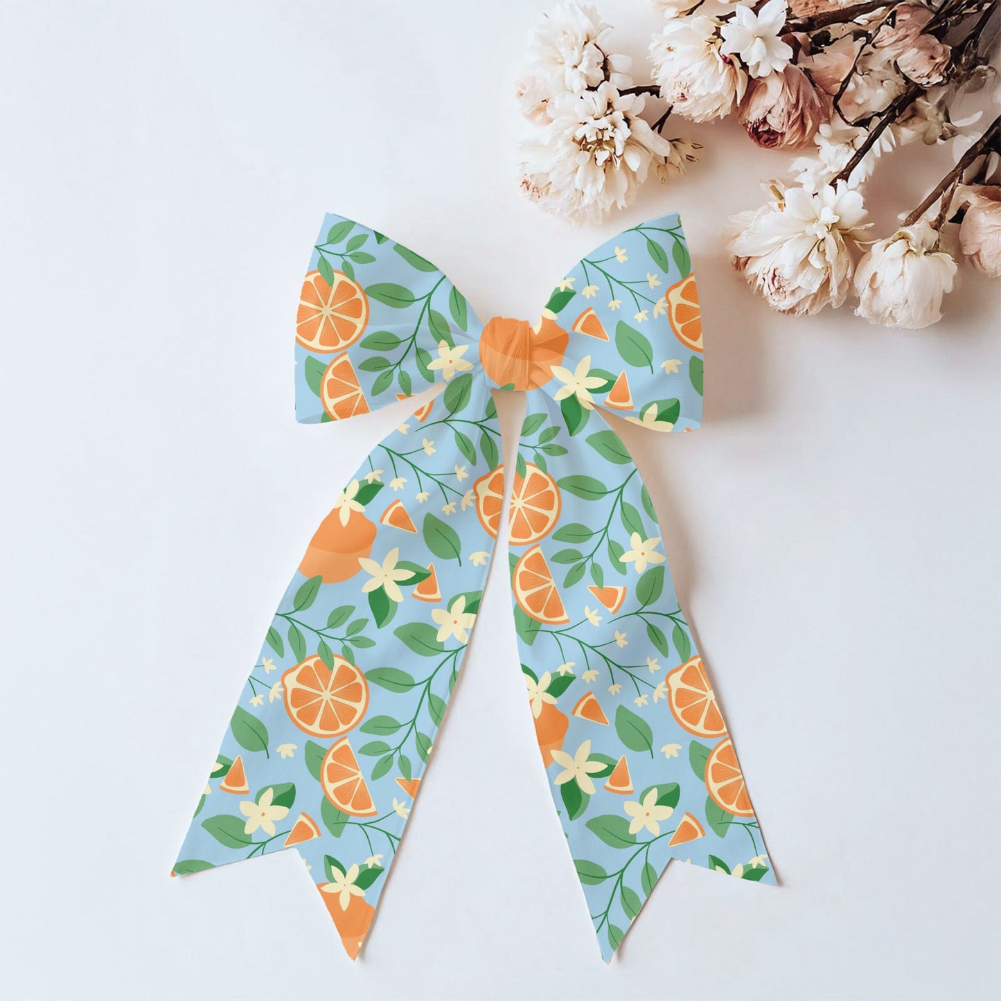 Orange Blossom Seamless Pattern – Citrus Fruit Flowers & Green Leaves on Light Blue