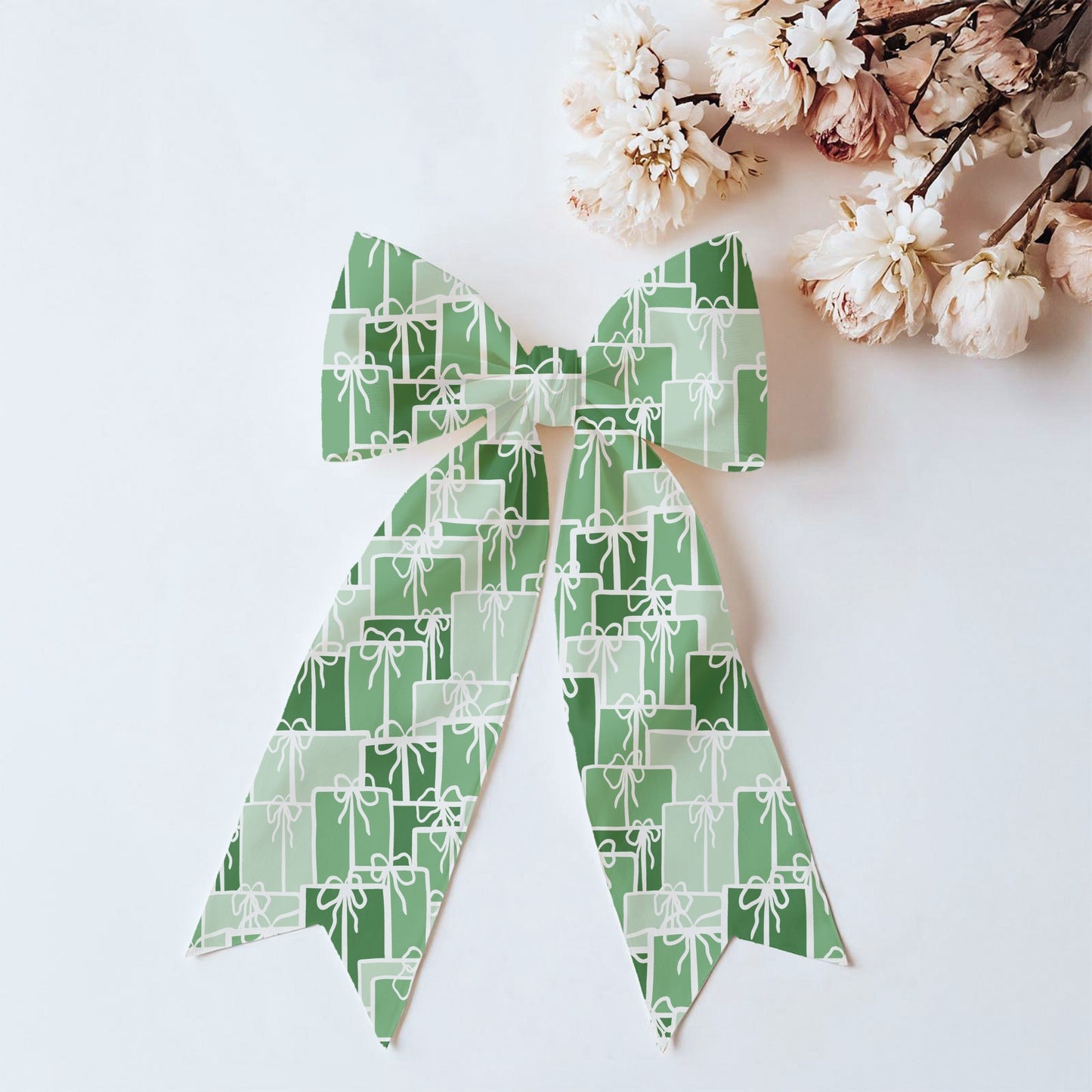 Christmas Presents Seamless Pattern – Green Gift Boxes with Hand-Drawn White Bows