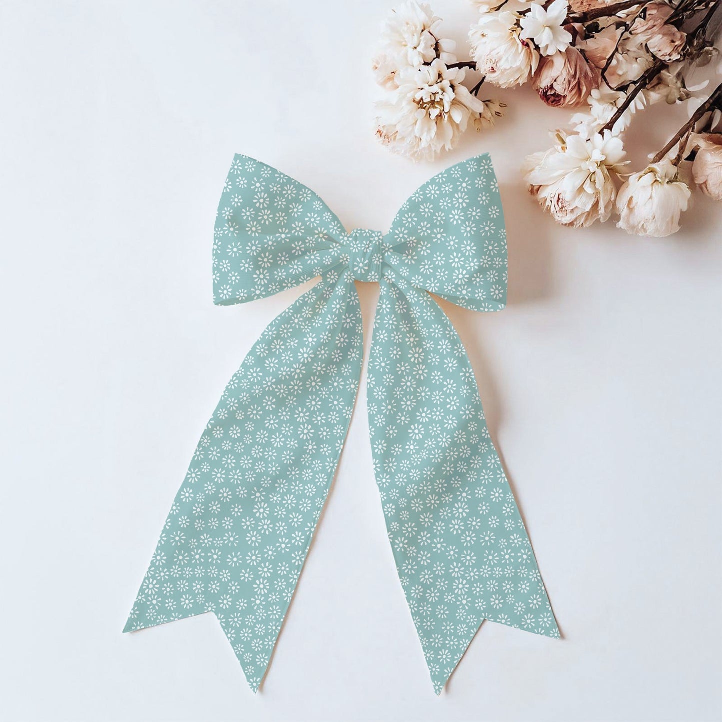 Sage Green Ditsy Daisy Seamless Pattern – Tiny White Floral Background