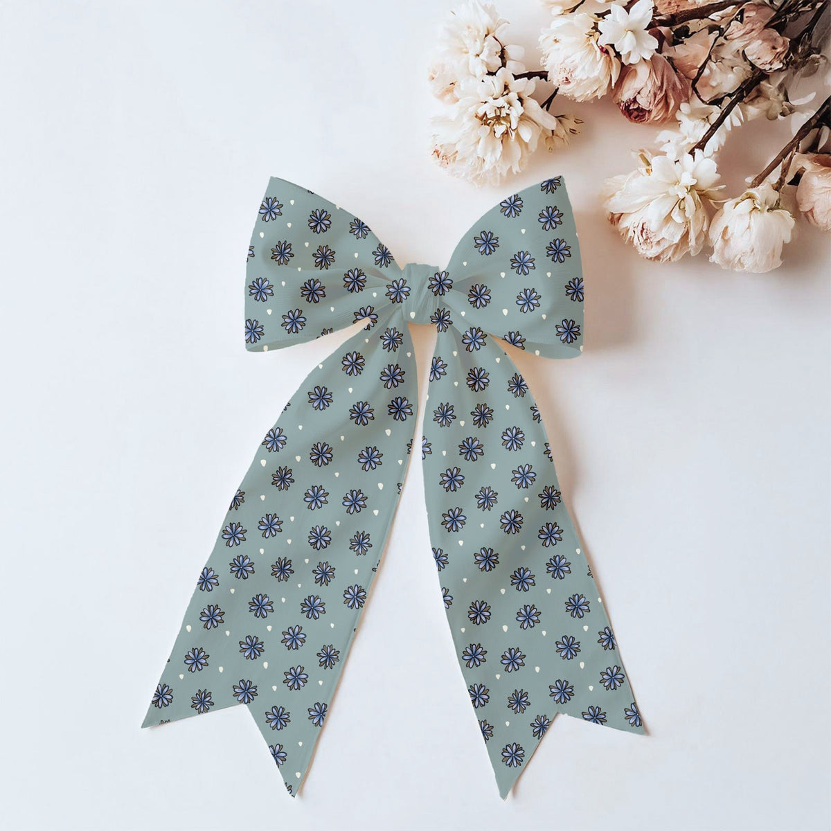 Blue Doodle Flower Seamless Pattern – Whimsical Floral on Muted Sage Green