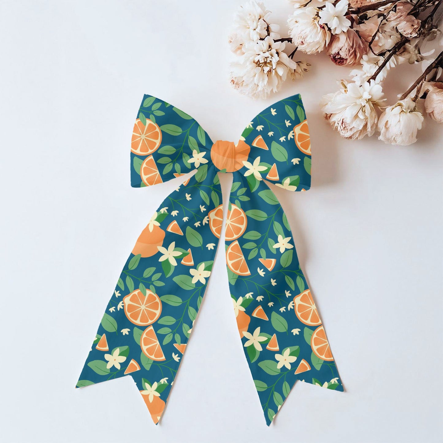 Orange Blossom Seamless Pattern – Citrus Fruit Flowers & Green Leaves on Deep Blue