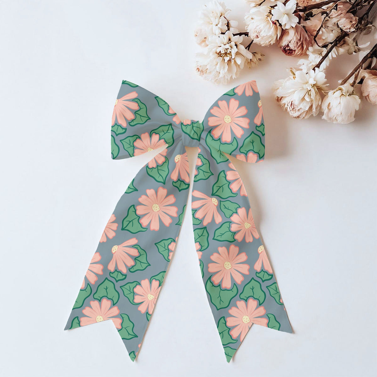 Pink Wildflower Seamless Pattern – Coral Flowers Green Leaves on Dusty Blue