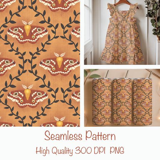 Golden Moth Seamless Pattern – Rustic Moth & Vine Repeat on Warm Ochre | Vintage Nature Surface Design | Commercial Use
