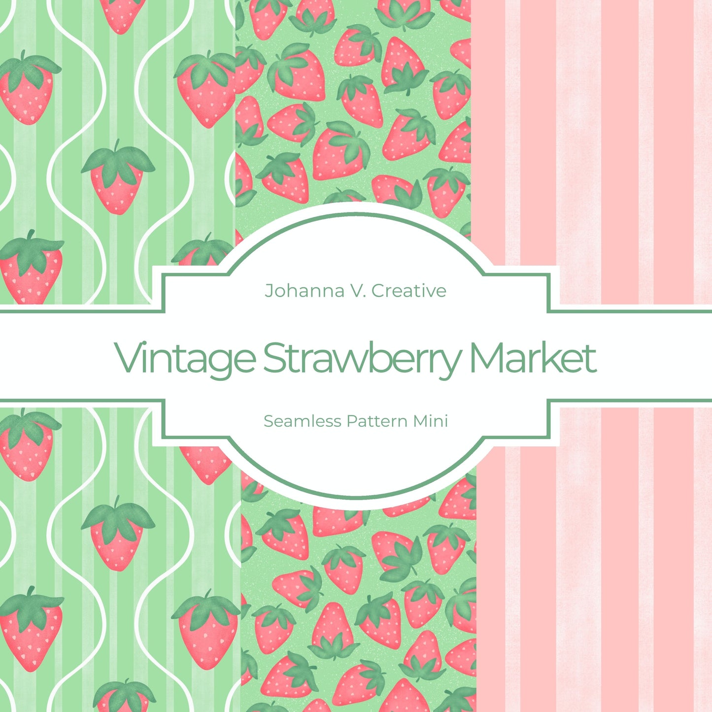 Strawberry Cottage Seamless Pattern Bundle | Pink Strawberry & Vintage Stripe Digital Paper Collection | Retro Surface Pattern Set