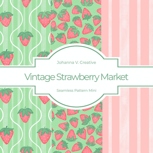 Strawberry Cottage Seamless Pattern Bundle | Pink Strawberry & Vintage Stripe Digital Paper Collection | Retro Surface Pattern Set
