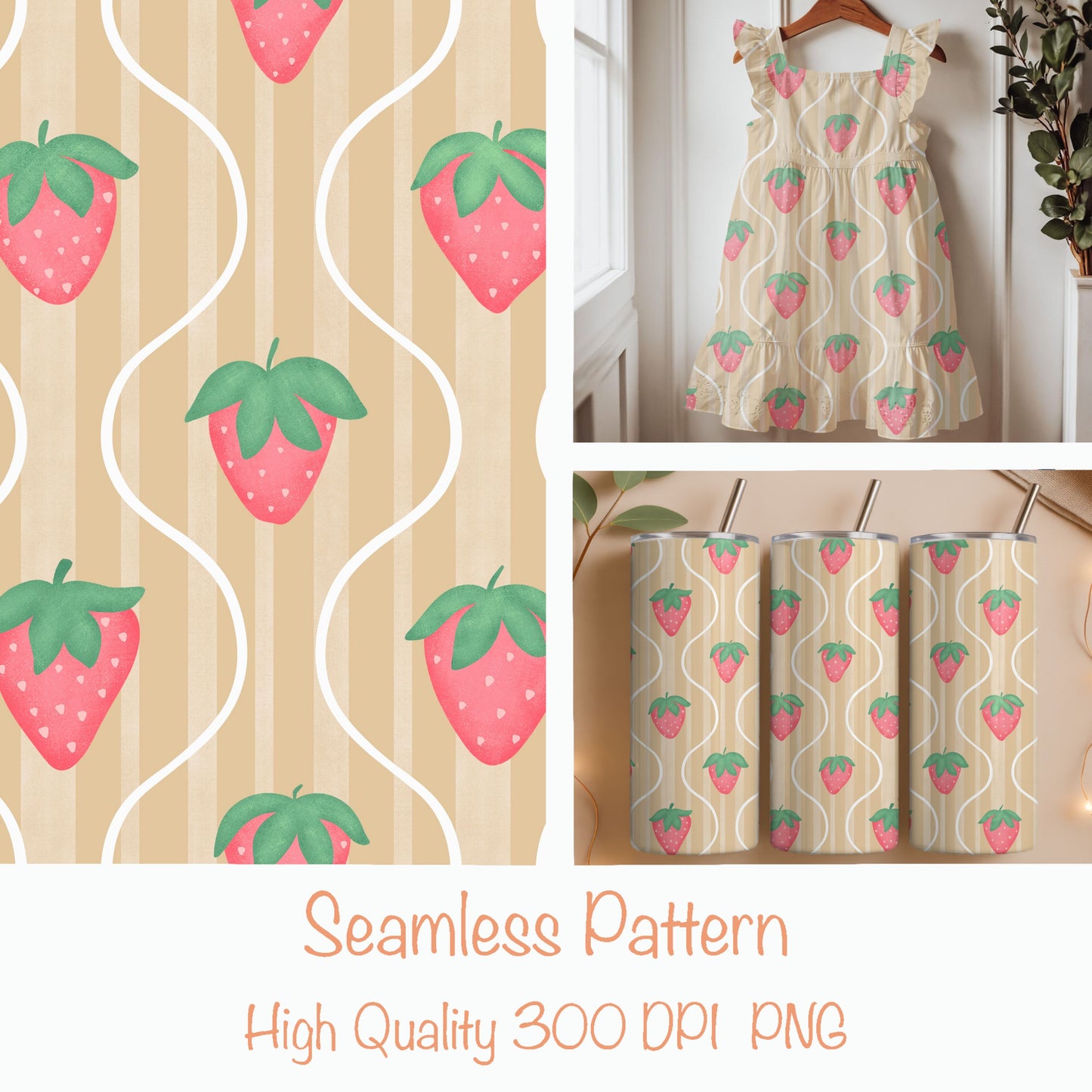 Seamless Strawberry Pattern PNG, Vintage Striped Digital Paper 12x12, Cute Fruit Surface Pattern Design for Fabric, Packaging, Stationery, Commercial Use