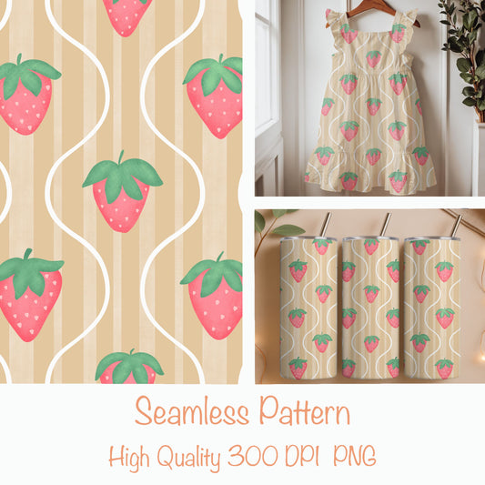 Seamless Strawberry Pattern PNG, Vintage Striped Digital Paper 12x12, Cute Fruit Surface Pattern Design for Fabric, Packaging, Stationery, Commercial Use