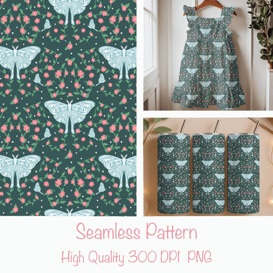 Butterfly Garden Seamless Pattern PNG, Green Floral Butterfly Digital Paper 12x12, Vintage Botanical Fabric Design, Cottagecore Pattern