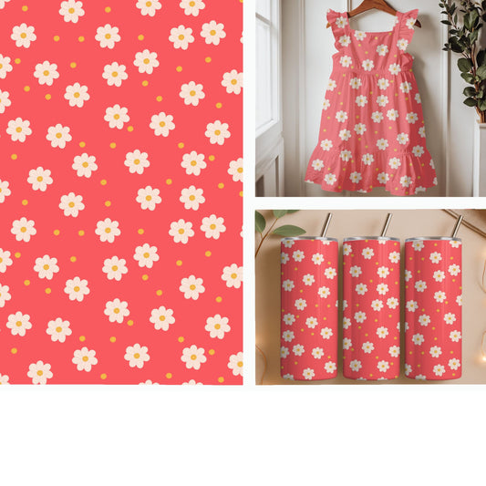 White Daisies on Coral Pink Seamless Pattern