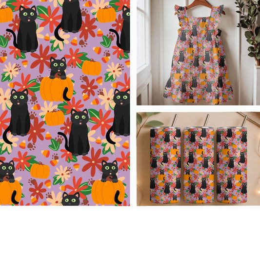 Black Cats Pumpkins and Autumn Flowers on Lavender | Halloween Seamless Pattern