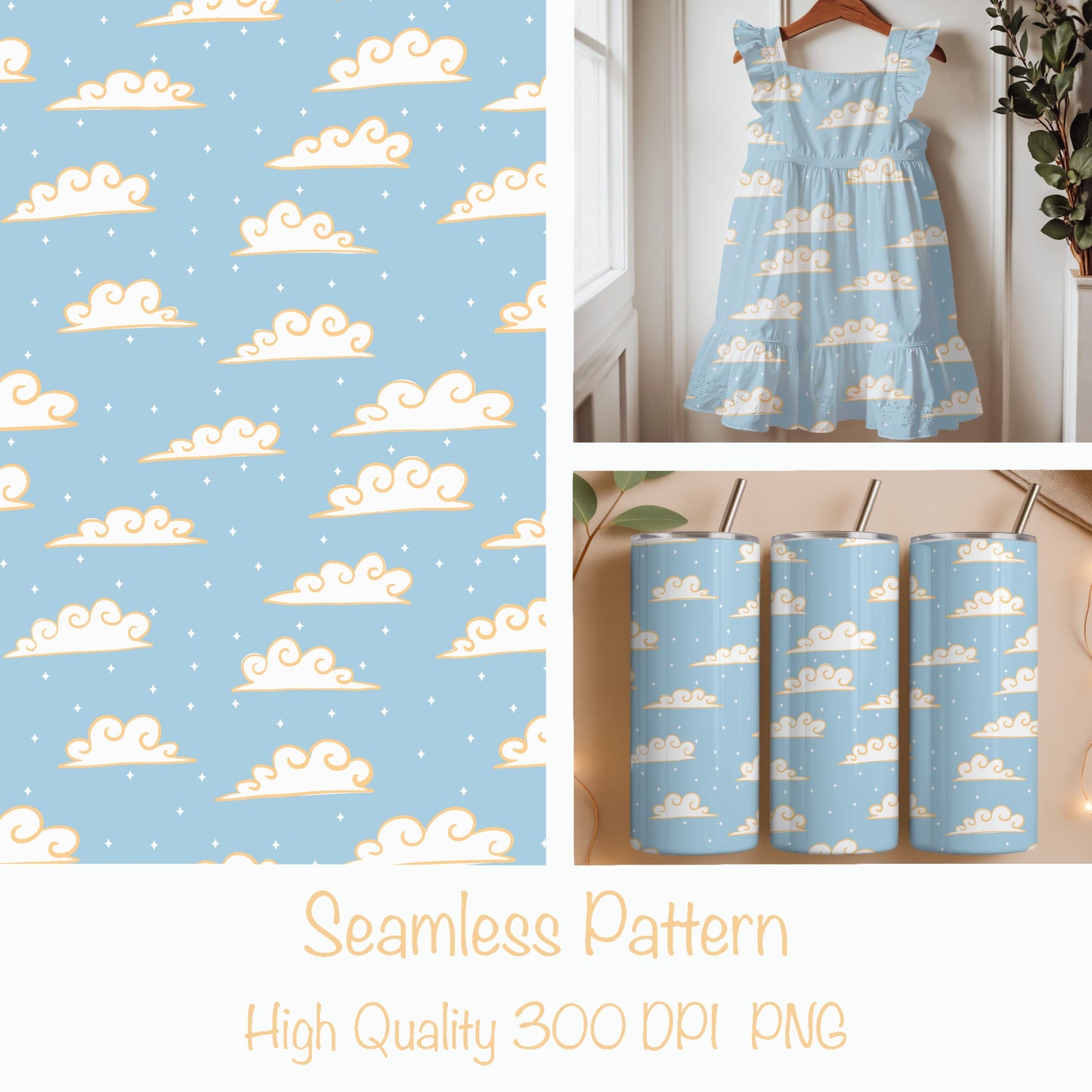 Whimsical Cloud Seamless Pattern PNG, Blue Sky Cloud Digital Paper 12x12, Cute Nursery Sky Print, Soft Dreamy Pattern, Commercial Use