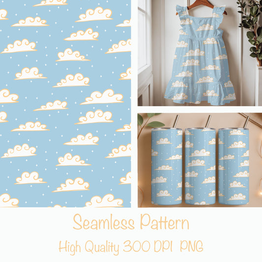 Whimsical Cloud Seamless Pattern PNG, Blue Sky Cloud Digital Paper 12x12, Cute Nursery Sky Print, Soft Dreamy Pattern, Commercial Use