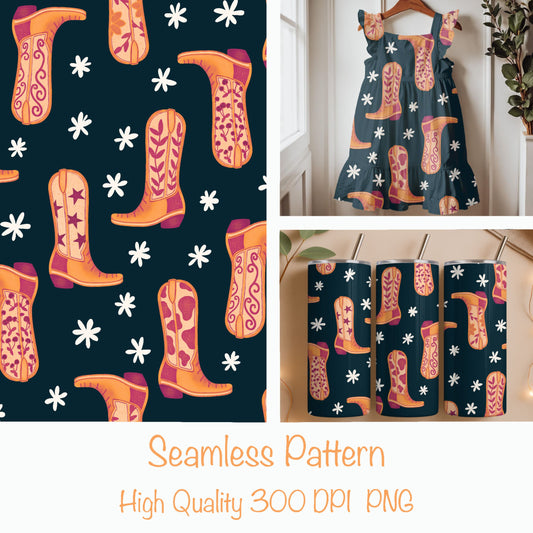 Wildflower Boots Seamless Pattern – Western Cowgirl Boot Print in Sunset Orange | Commercial Use Surface Design