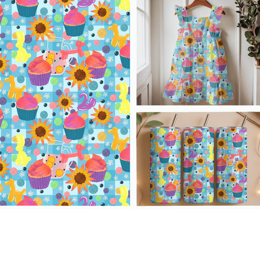 Whimsical Party Icons on Sky Blue Gingham Seamless Pattern