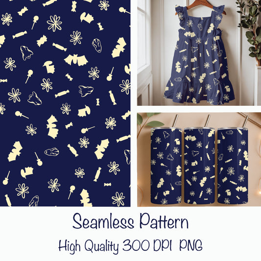 Halloween Candy Toss Seamless Pattern – Cute Spooky Treats Design (Midnight Navy Edition)