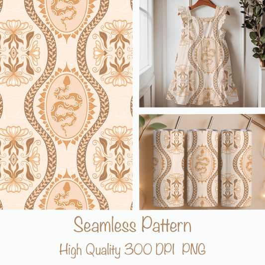 Desert Serpent Seamless Pattern – Boho Snake & Ornamental Print in Warm Neutrals | Commercial Use Surface Design
