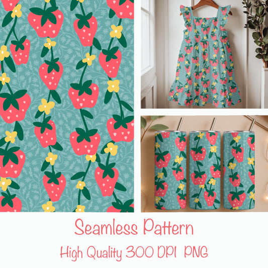 Seamless Strawberry Vine Pattern PNG, Red Botanical Fruit Digital Paper 12x12, Cottagecore Floral Surface Pattern for Fabric, Packaging, Commercial Use