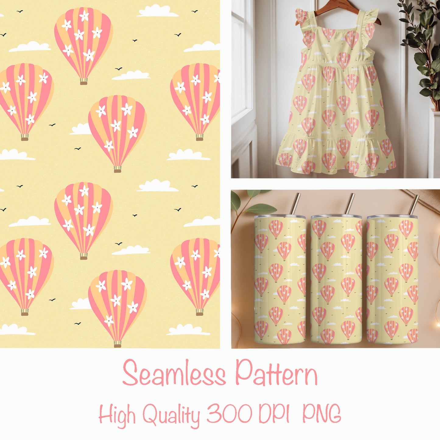 Seamless Hot Air Balloon Pattern PNG, Yellow Floral Sky Digital Paper 12x12, Dreamy Cloud Surface Pattern for Nursery, Fabric, Packaging, Commercial Use