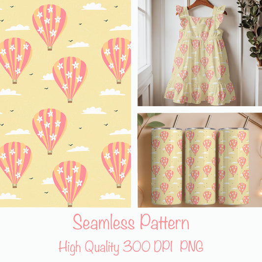 Seamless Hot Air Balloon Pattern PNG, Yellow Floral Sky Digital Paper 12x12, Dreamy Cloud Surface Pattern for Nursery, Fabric, Packaging, Commercial Use