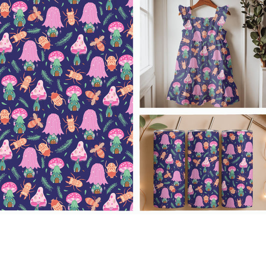 Whimsical Mushroom Cottages Beetles and Wild Bees Seamless Pattern