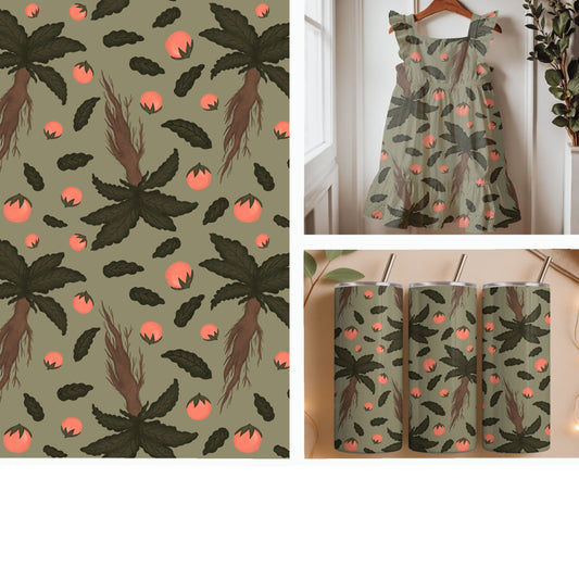 Ginseng and Coral Berry Botanical | Woodland Herbal Seamless Pattern