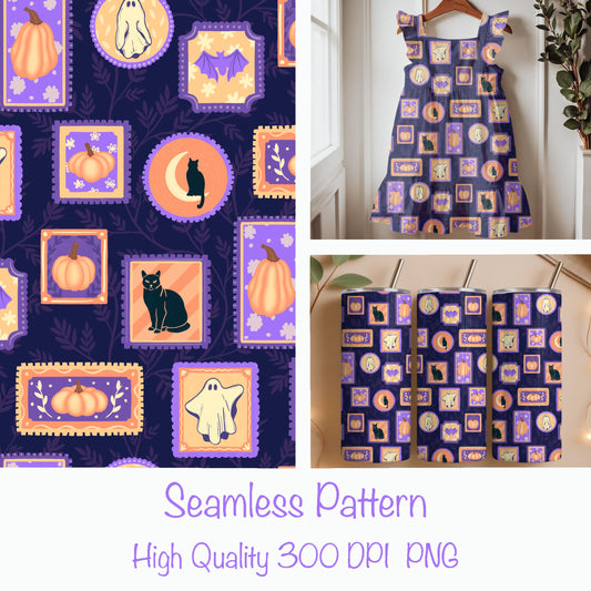 Vintage Halloween Gallery Seamless Pattern – Cozy Ghosts, Cats & Pumpkins (Midnight Edition)