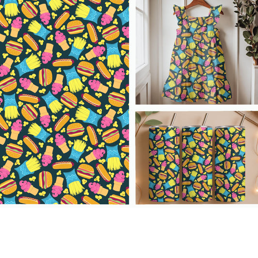 Retro Fast Food Favorites on Dark Teal Seamless Pattern