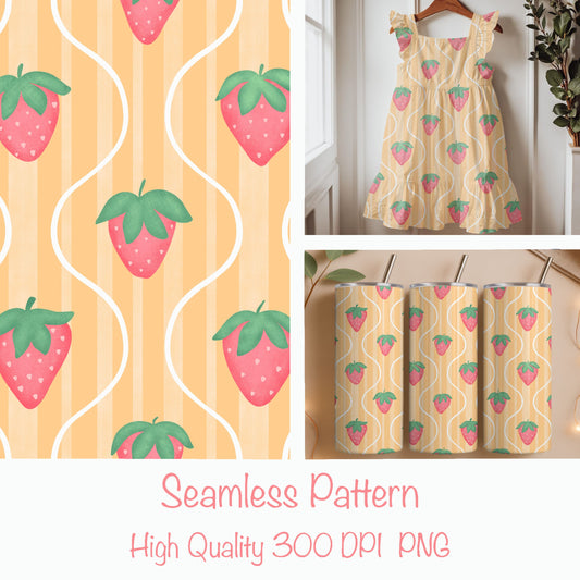 Seamless Strawberry Pattern PNG, Warm Striped Digital Paper 12x12, Cute Fruit Surface Pattern Design for Fabric, Packaging, Stationery, Commercial Use