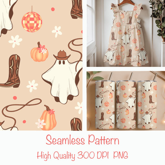 Cowboy Ghost Seamless Pattern – Western Boho Print with Boots, Pumpkins & Rope | Neutral Fall Aesthetic | Commercial Use