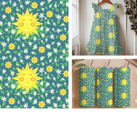 Whimsical Sun Faces and Daisies | Celestial Floral Seamless Pattern